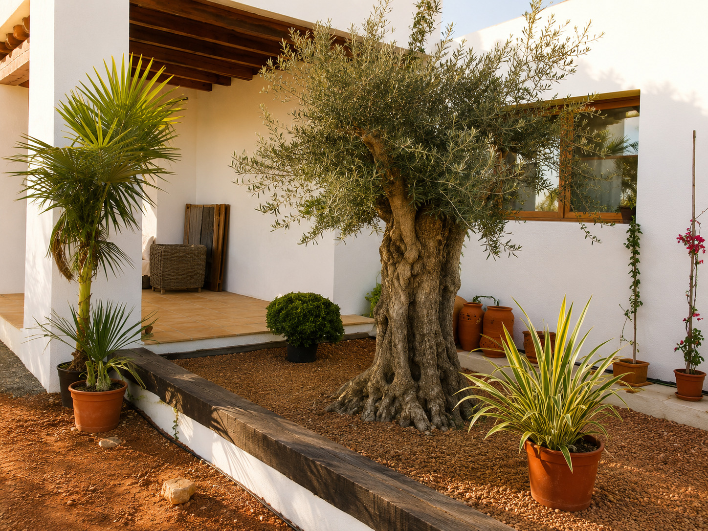 Jardín seco mediterráneo con olivo, lavanda y grava en villa de Ibiza