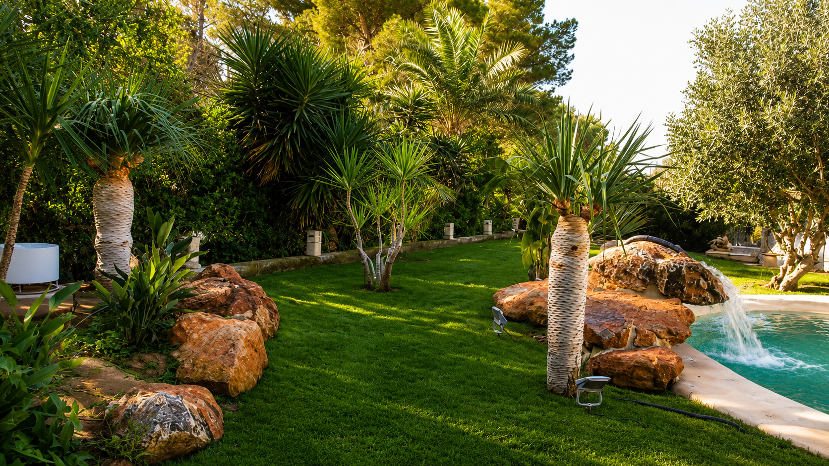 Jardín tropical de lujo con piscina y vegetación mediterránea en villa de Ibiza