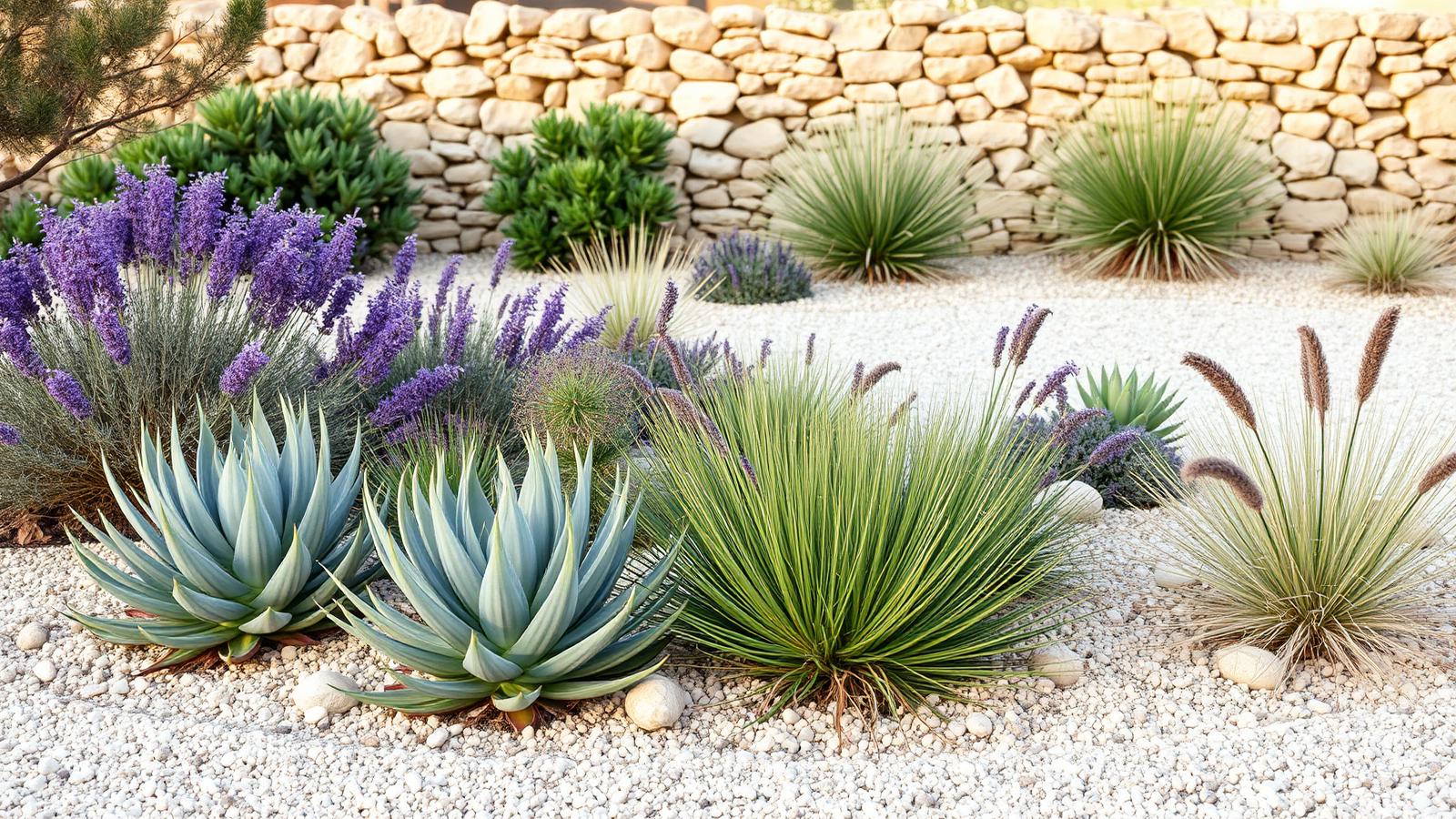 Jardín mediterráneo de bajo consumo de agua en Ibiza con olivo, lavanda y grava